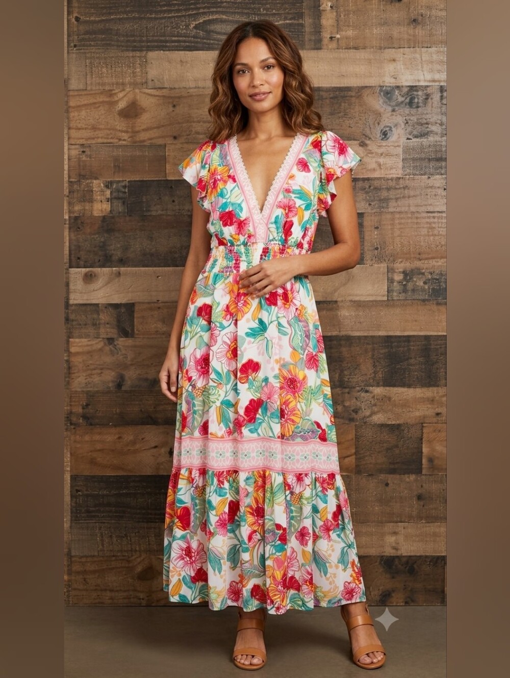 ADRIANNA PAPELL Multi Printed Embroidery Midi Dress Size 6
